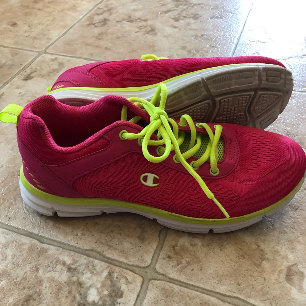 Pink and lime green Champion tennis shoes